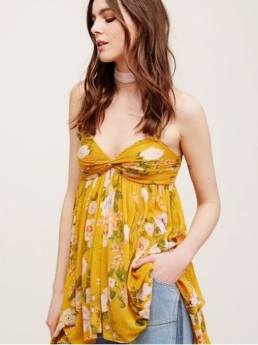 Free People Mirage Boho High-Low Tunic Twist-Front Raw Edge Floral Yellow Cami S
